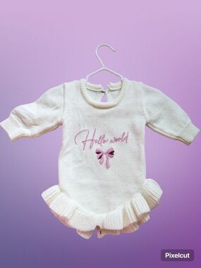 Cream Knit Baby Romper with Pink Embroidery